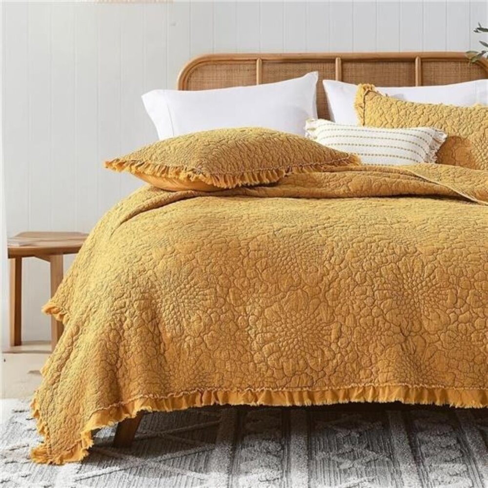 NEW Anthro Orange Yellow Ruffle Crinkled Queen / King Bedding Quilt & Sham Case
